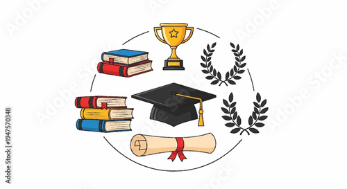 Graduation ceremony with academic hat books trophy and laurel wreaths on a white background illustration