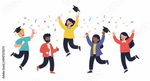 People celebrating graduation with confetti and caps in the air happily outdoors