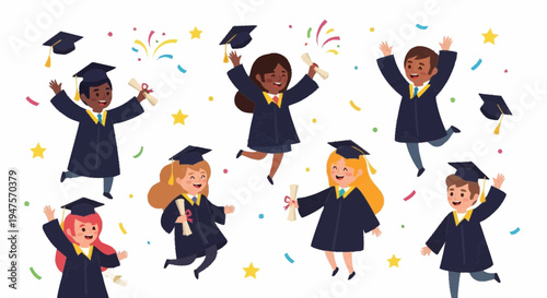 Children celebrate graduation with confetti and stars in joyful illustrations.