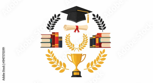 Graduation ceremony with cap, scroll, books, trophy, and laurels awarded