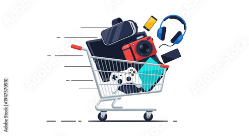 Flat Illustration of a Fast Moving Shopping Cart Filled with Modern Tech Gadgets like Camera, Smartphone, and VR Headset for E-commerce Concepts
