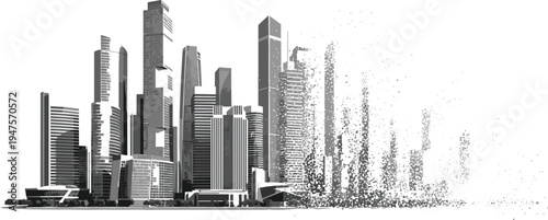 City skyline dissolving into particles on a white background urban architecture