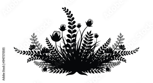 Detailed floral arrangement with various blossoming plants and foliage presented as a silhouette high quality professional