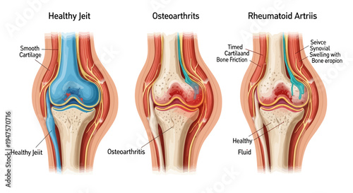 Comparison of Healthy Knee Joint, Osteoarthritis, and Rheumatoid Arthritis Medical Illustration