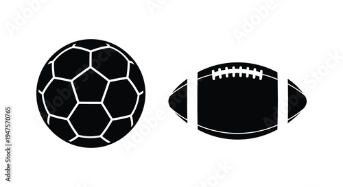 A striking black and white depiction of a soccer ball and american football silhouette high quality