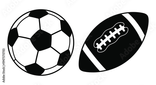 A black and white depiction of a soccer ball and american football minimalist silhouette high quality professional detailed