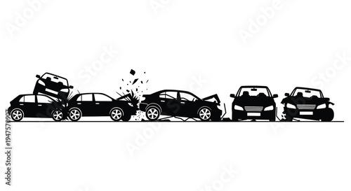 A dramatic depiction of a multi vehicle collision showcasing damage and impact in silhouette high quality professional