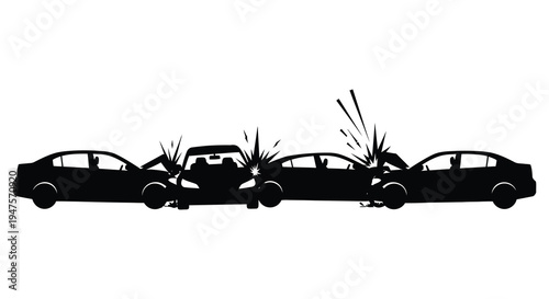 A dramatic depiction of a multi car collision shown in stark black creating a bold silhouette