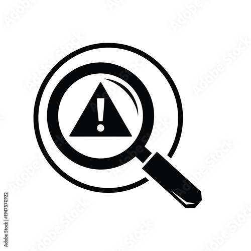 Black vector illustration of magnifying glass with warning sign on white background