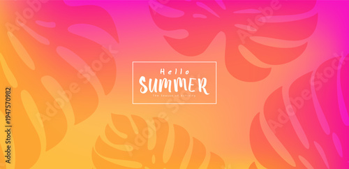 Hello Summer Pink Orange Yellow Tropical Gradient Poster with Stylized Leaf Patterns, Framed Typography, and Seasonal Activity Theme