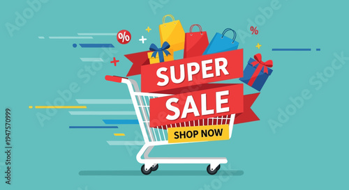 Super Sale Banner Concept with Shopping Cart, Colorful Gift Bags, and Shop Now Button for E-commerce Promotion and Seasonal Discounts