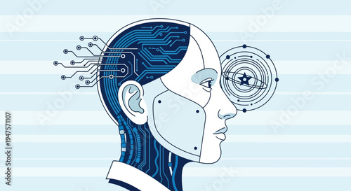 Artificial Intelligence Concept - Humanoid Robot Head Profile with Circuitry and Digital Eye
