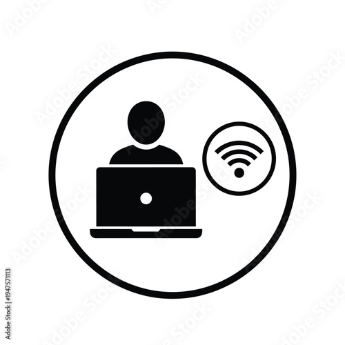 Vector illustration of a person using a laptop with Wi-Fi on white background
