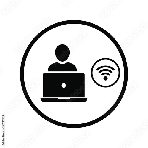 Vector illustration of a person using a laptop with Wi-Fi connection on white background