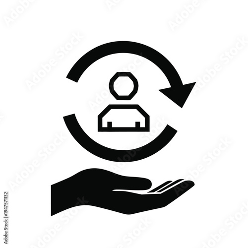 Vector illustration of hand holding a user icon with circular arrow on white background