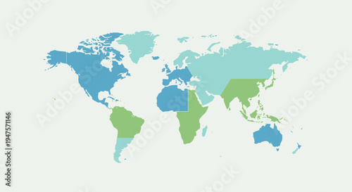 World Map with Colorful Continents Displayed.