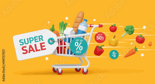 3D Illustration of Shopping Cart with Groceries and Super Sale Tag on Yellow Background for Online Market Promotion
