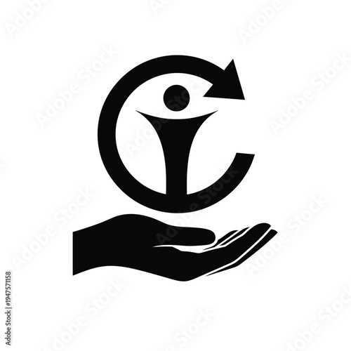 Vector illustration of a hand holding a recycling symbol with a person on white background