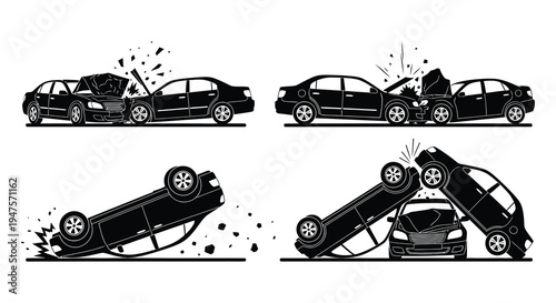 Dramatic depiction of car crashes at various angles presented in striking black silhouette high quality professional