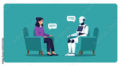 Humanoid Robot and Woman Having a Conversation Illustration, Concept of AI Therapy, Mental Health Support, and Future Human-Machine Interaction
