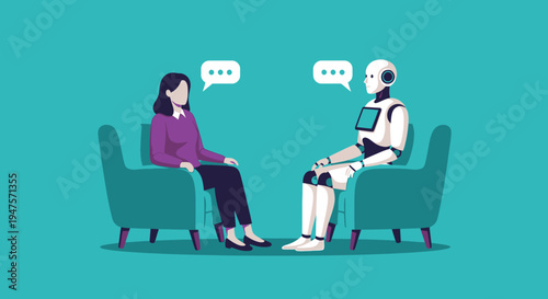 Human Woman Having a Conversation with an Artificial Intelligence Robot in Armchairs, AI Chatbot and Human Interaction Concept Illustration