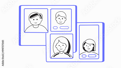 Stylized cartoon portraits with oversized heads on screens for modern digital communication and social media