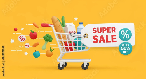 Super Sale 50 Percent Off Promotion with Groceries and Shopping Cart 3D Illustration on Yellow Background