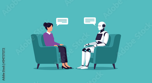Woman Talking to a Humanoid Robot in Armchairs - AI Therapy and Human-Machine Interaction Concept