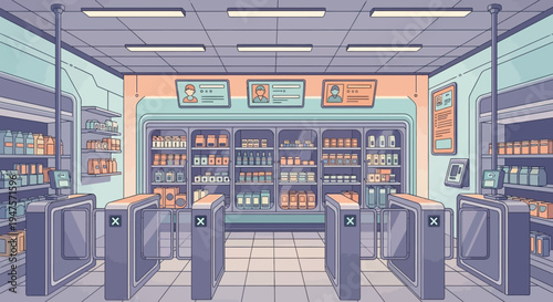 Futuristic Automated Grocery Store Illustration, Smart Retail Interior with Digital Screens and Turnstiles, Unmanned Convenience Shop Concept in Cartoon Style