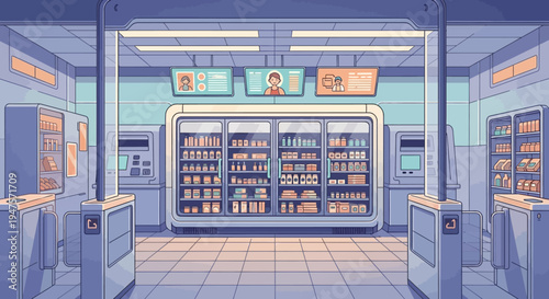 Futuristic Automated Convenience Store Illustration with Digital Displays and Self-Checkout Kiosks - Smart Retail Concept Art