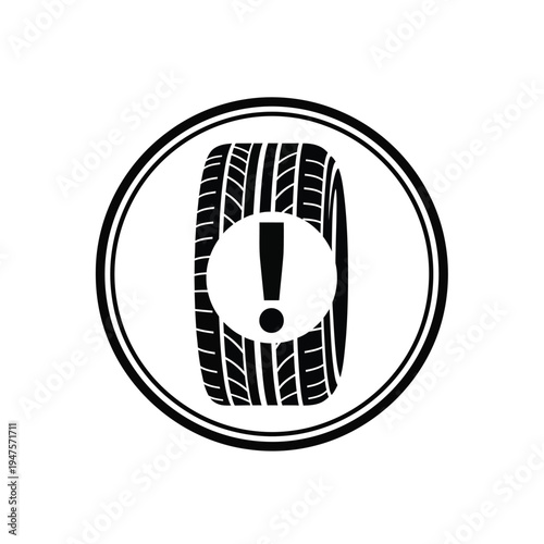 Black vector illustration of car tire with exclamation mark on white background
