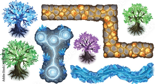 Fantasy game assets vector set with magical trees, glowing crystal paths, and stone rock formations for adventure maps and UI design