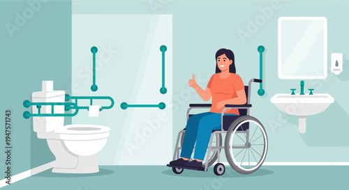 Vector Illustration of an Accessible Bathroom for Disabled People with a Woman in a Wheelchair Giving a Thumbs Up Symbolizing Inclusive Design and Independence