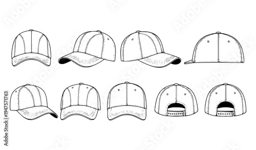 Baseball cap perspective views set isolated fashion headwear mockup for apparel branding vector