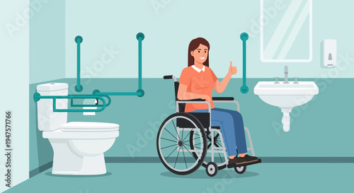Modern Accessible Restroom with Grab Bars and Wheelchair User Vector Illustration, Inclusion and Accessibility Concept