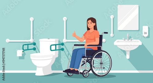 Flat Vector Illustration of a Woman in a Wheelchair Giving Thumbs Up in an Accessible Bathroom with Safety Grab Bars and Rails