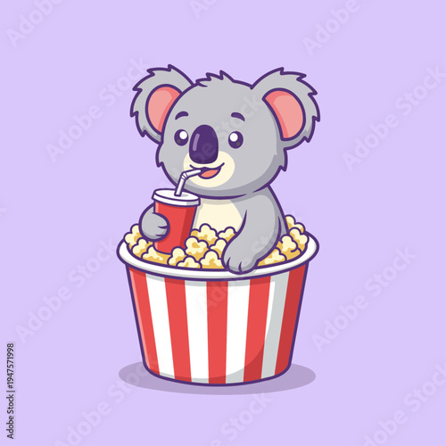 Vector illustration of a playful koala mascot relaxing in a bucket of fluffy popcorn while sipping cola through a straw.