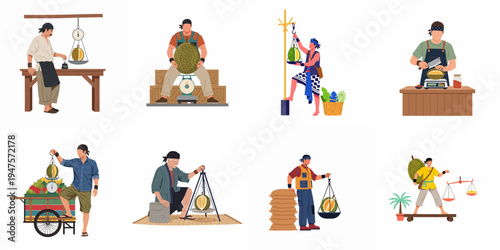 Collection of diverse street vendors and merchants weighing and selling fresh durian fruit using various traditional and modern scales in a flat vector style.