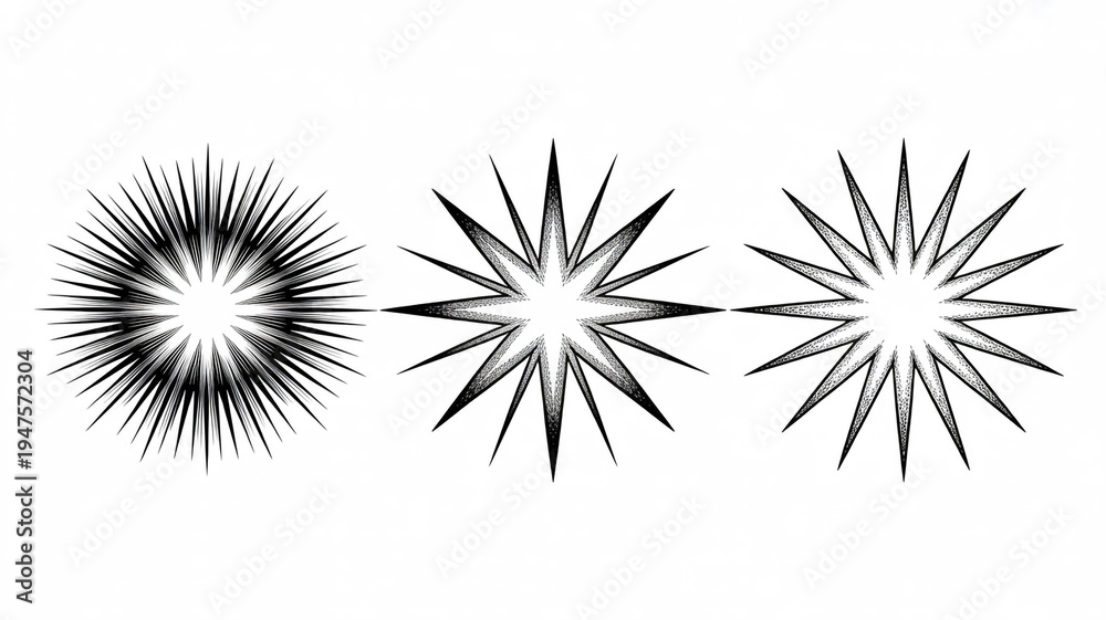 Obraz premium Three abstract starburst or sunburst graphic elements with varying line and dot patterns image