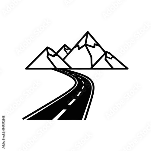 Black line art road with mountains.