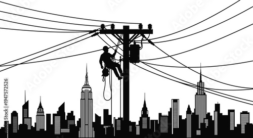 Electrician Working on Utility Pole Against New York City Skyline Silhouette Keywords: electrician, utility pole, power lines