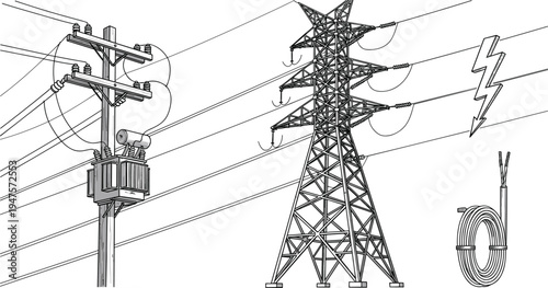 Detailed line drawing of electrical infrastructure with transformer and pylon power lines utility pole