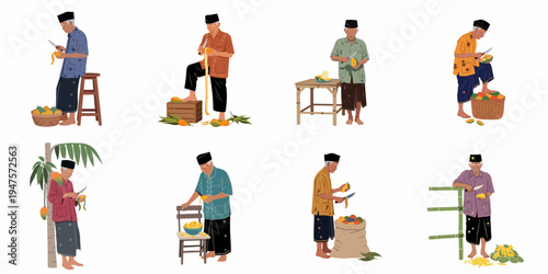 Set of illustrations featuring an elderly Indonesian man in traditional attire peeling and preparing fresh mangoes in various poses and settings.