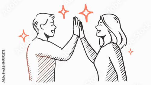 Man and woman giving high five with sparkles celebrating success and teamwork in a simple line drawing