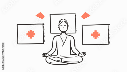 Person meditating calmly in seated position with puzzle pieces floating above symbolizing mindfulness and problem solving