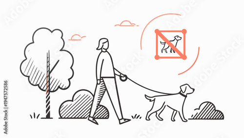 Person walking dog in park with no dogs allowed sign