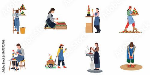 A set of flat vector illustrations depicting women engaged in various activities like harvesting, sorting, and arranging apples and diverse fruits in a garden.