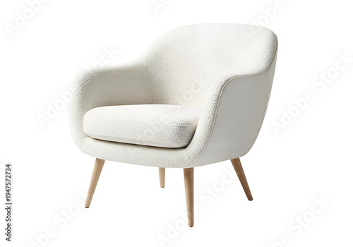 Modern White Bouclé Armchair with Wood Legs on white background , Isolated on Transparent Background, PNG, Generative AI 
