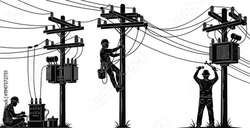 Electricians Working on Power Lines and Transformers Silhouette Illustration electricity workers