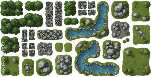 Top-down view of a versatile vector game asset set featuring various green grass tiles, winding blue rivers, lush bushes, and grey rocks, perfect for creating isometric maps, fantasy landscapes